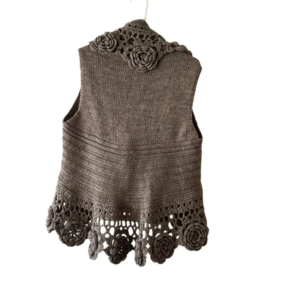 Roz & Ali Womens Crochet Knit Floral Vest 14/16 Wool Blend Sleeveless Open Front - Picture 9 of 10